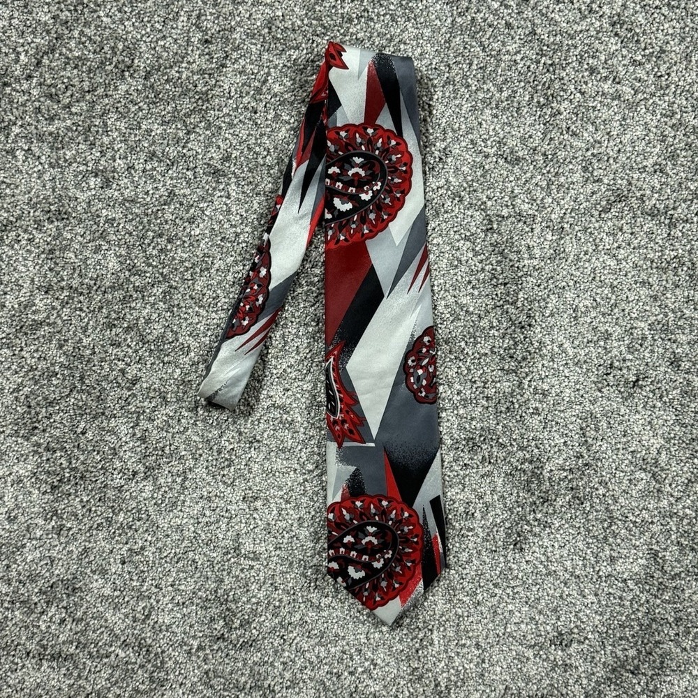 Jacques Estier 100% Italian Silk Tie Retro Red Gray Black Abstract Geometric Tie